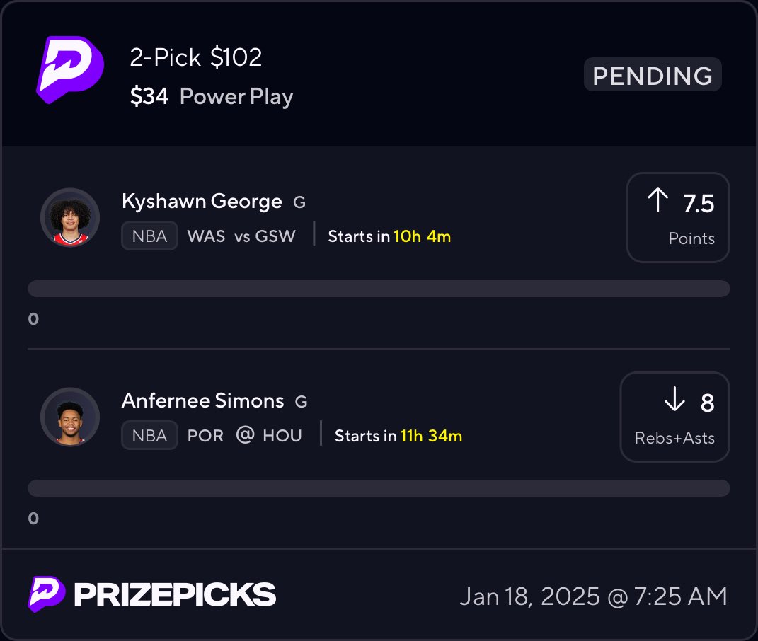 ONE OF TODAYS PLAYER PROPS 1/18/2025..Get it before the proj changes or removed
#KyshawnGeorge over 7.5 points
#Anferneesimons under 8 rebs + asts
#prizepickswinning #PrizePicks #Nba #Mlb #Nfl # <a href="/NBA/">NBA</a> <a href="/DabbleFantasy/">Dabble Fantasy</a> @UnderdogFantasy