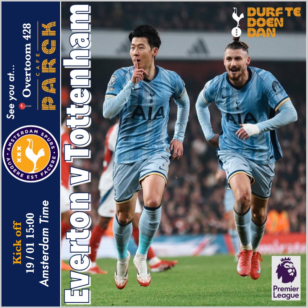 AmsterdamSpurs's tweet photo. Our next Premier League game is tomorrow afternoon (Sunday, k/o 1500 CET) - our final visit to Goodison Park, as Everton prepare to build a new stadium. We're unbeaten there in the Premier League for a decade. Join us at Café Parck (Overtoom 428) from 1430. #COYS https://t.co/ra3FVHSbQy