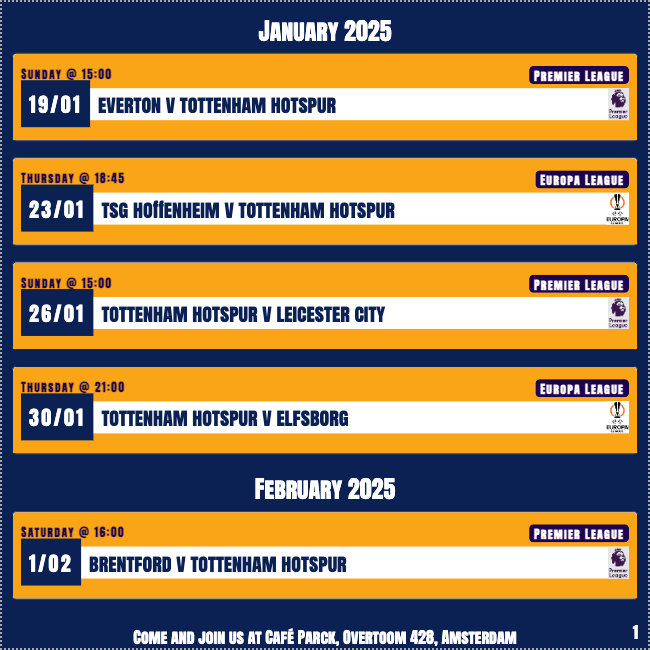 AmsterdamSpurs's tweet photo. Our next Premier League game is tomorrow afternoon (Sunday, k/o 1500 CET) - our final visit to Goodison Park, as Everton prepare to build a new stadium. We're unbeaten there in the Premier League for a decade. Join us at Café Parck (Overtoom 428) from 1430. #COYS https://t.co/ra3FVHSbQy