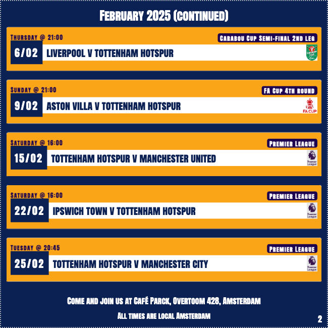 AmsterdamSpurs's tweet photo. Our next Premier League game is tomorrow afternoon (Sunday, k/o 1500 CET) - our final visit to Goodison Park, as Everton prepare to build a new stadium. We're unbeaten there in the Premier League for a decade. Join us at Café Parck (Overtoom 428) from 1430. #COYS https://t.co/ra3FVHSbQy