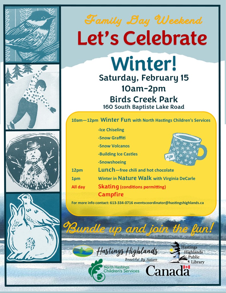 maynoothlibrary's tweet photo. This Family Day, come out for some winter fun at the Birds Creek Park! This event is funded by the Government of Canada through the Federal Economic Development Agency for Southern Ontario @FedDevOntario. 

For more information, email eventscoordinator@hastingshighlands.ca https://t.co/Ak0vK8lOhz