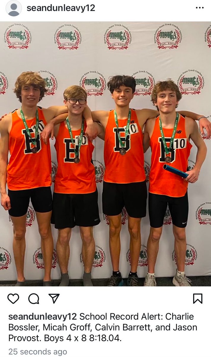 Record Alert! Charlie Bossler, Calvin Barrett, Micah Groff, and Jason Provost break a 32 year old school record in the 4 x 800 with a time of 8:18.04! <a href="/BeverlyPanthers/">Beverly Panthers</a> <a href="/PhilStacey_SN/">Phil Stacey</a> <a href="/BeverlyPanthers/">Beverly Panthers</a>