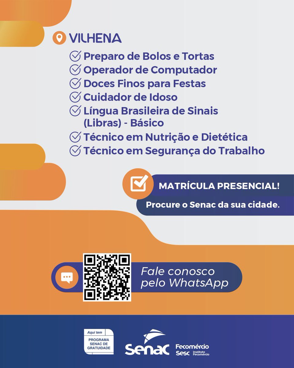 🚀 Comece 2025 com o pé direito, fazendo um curso GRATUITO! É hora de investir no seu futuro profissional por meio do Programa Senac de Gratuidade (PSG). Aproveite essa chance única para ampliar seus conhecimentos! ℹ️ Comfira o Edital PSG 01/2025: bit.ly/editais-psg-se… #senacro