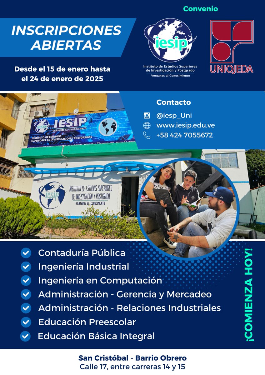 🚀¡Fortalecemos nuestra alianza académica con <a href="/UNIOJEDA/">UNIOJEDA</a> !

En el 2️⃣0️⃣2️⃣5️⃣ reafirmamos el convenio institucional con la prestigiosa Universidad Alonso de Ojeda, para ofrecerle a los estudiantes del Táchira, Venezuela y el mundo los más altos niveles de aprendizaje...(1/2)🧵🇻🇪