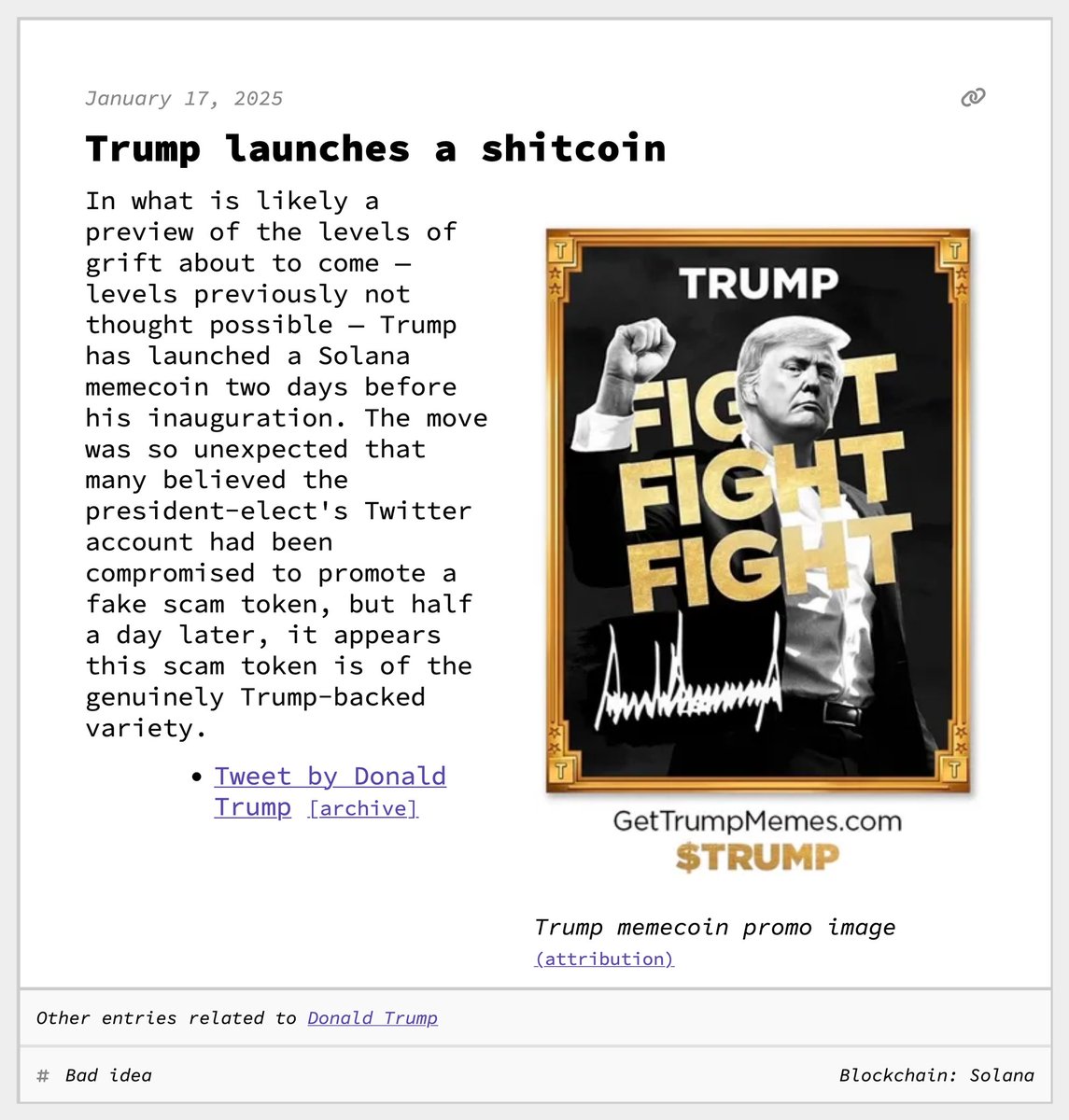 Trump launches a shitcoin January 17, 2025