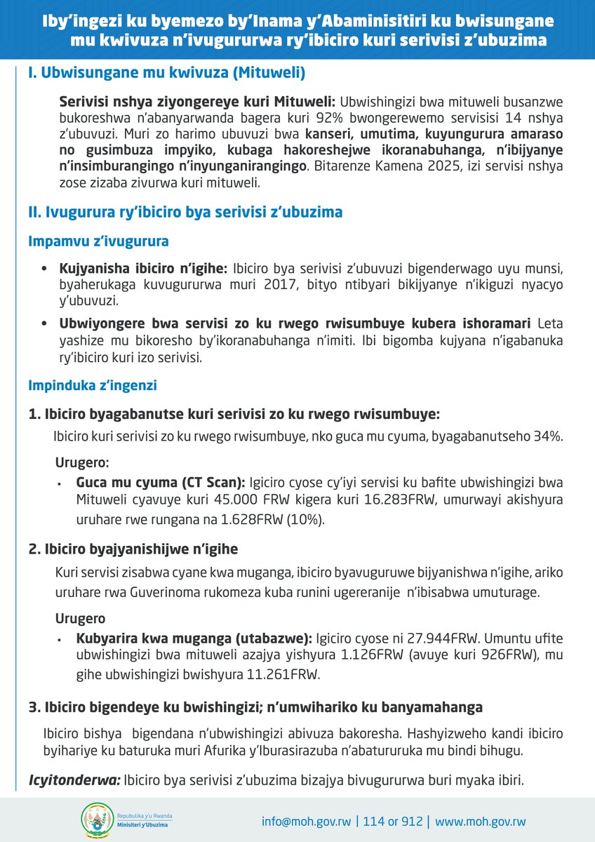 RwandaHealth's tweet image. Inama y&apos;Abaminisitiri yateranye ku wa 17 Mutarama 2025 yemeje ingamba zo mu rwego rw&apos;ubuzima zikurikira: 

- Kongera serivisi zubuvuzi zishingirwa n&apos;ubwisungane hamwe n&apos;inkomoko y&apos;inyongera y&apos;amafaranga yo kunganira gahunda y&apos;ubwisungane mu kwivuza (Mituweli). 

- Ivugururwa…