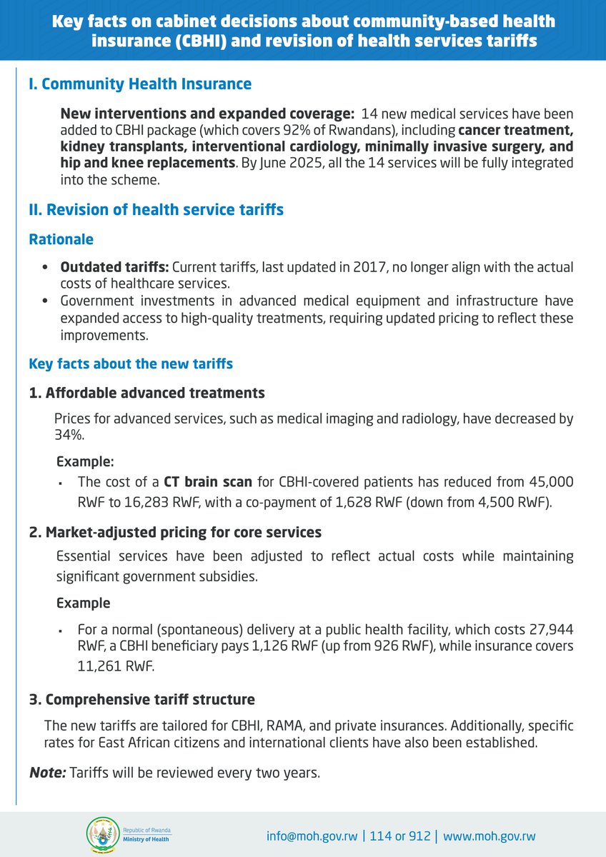 RwandaHealth's tweet image. Inama y&apos;Abaminisitiri yateranye ku wa 17 Mutarama 2025 yemeje ingamba zo mu rwego rw&apos;ubuzima zikurikira: 

- Kongera serivisi zubuvuzi zishingirwa n&apos;ubwisungane hamwe n&apos;inkomoko y&apos;inyongera y&apos;amafaranga yo kunganira gahunda y&apos;ubwisungane mu kwivuza (Mituweli). 

- Ivugururwa…