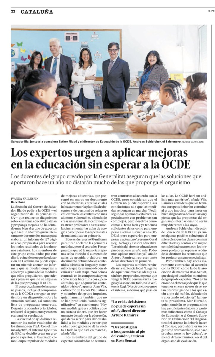 'Los expertos urgen a aplicar mejoras en la educación sin esperar a la OCDE'. Report. <a href="/ivallespin/">Ivanna Vallespín</a> <a href="/el_pais/">EL PAÍS</a> <a href="/educaciocat/">Educació</a> <a href="/FundacioBofill/">Fundació Bofill</a> <a href="/RosaSensat/">Associació de Mestres Rosa Sensat</a> <a href="/FMRPc/">FMRPedagògica</a> <a href="/ismaelpalacin/">Ismael Palacín</a> <a href="/mnadalanm/">Mònica Nadal</a> <a href="/coralregi/">Coral Regí Rodríguez</a> <a href="/PepeMe/">Pepe Menéndez</a> <a href="/montserratjimvi/">Montse Jiménez</a> <a href="/Merce_G/">Mercè Gisbert</a> <a href="/planajordi/">Jordi Plana</a> <a href="/SchleicherOECD/">Andreas Schleicher</a>