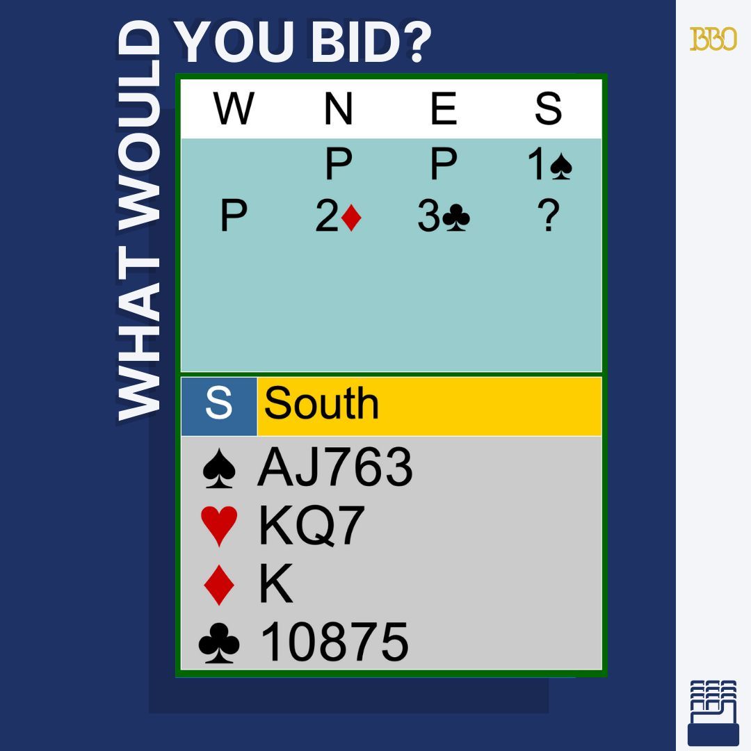 BridgeBase's tweet image. 2♦ is non-game-forcing 2/1, with 5+ card diamonds, 2- card spades.
In Matchpoints, how would you continue the bidding?

#BiddingQuiz #BridgeGame