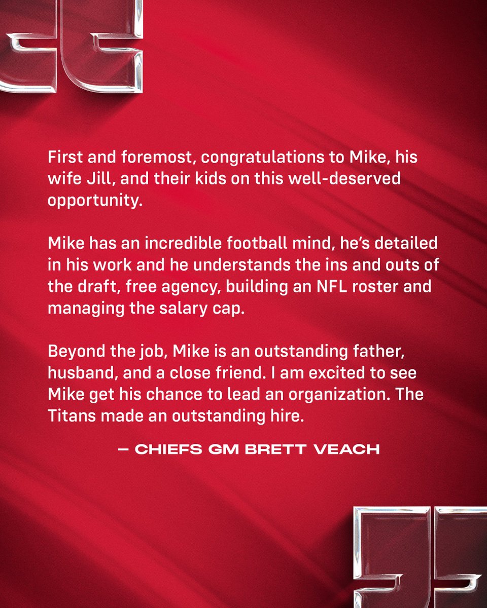 Chiefs's tweet photo. Thank you for everything the last 16 seasons, Mike! 

Best of luck in Tennessee 🤝 https://t.co/RZClrExfgt