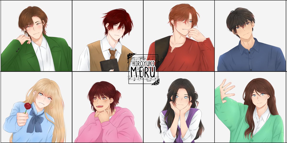 hiroyuki_meru's tweet photo. Buat sekarang gak tau mau pake mereka buat apa, tapi yg penting ada visualnya ๐
Kiri ke kanan:
Niel, Nao, Jeonghan, Sizhe
Lily, Himari, Harin, Xinyi
Nao paling tua dan adik kakak sama Harin
#Meru_OC https://t.co/N7jA28CYtA
