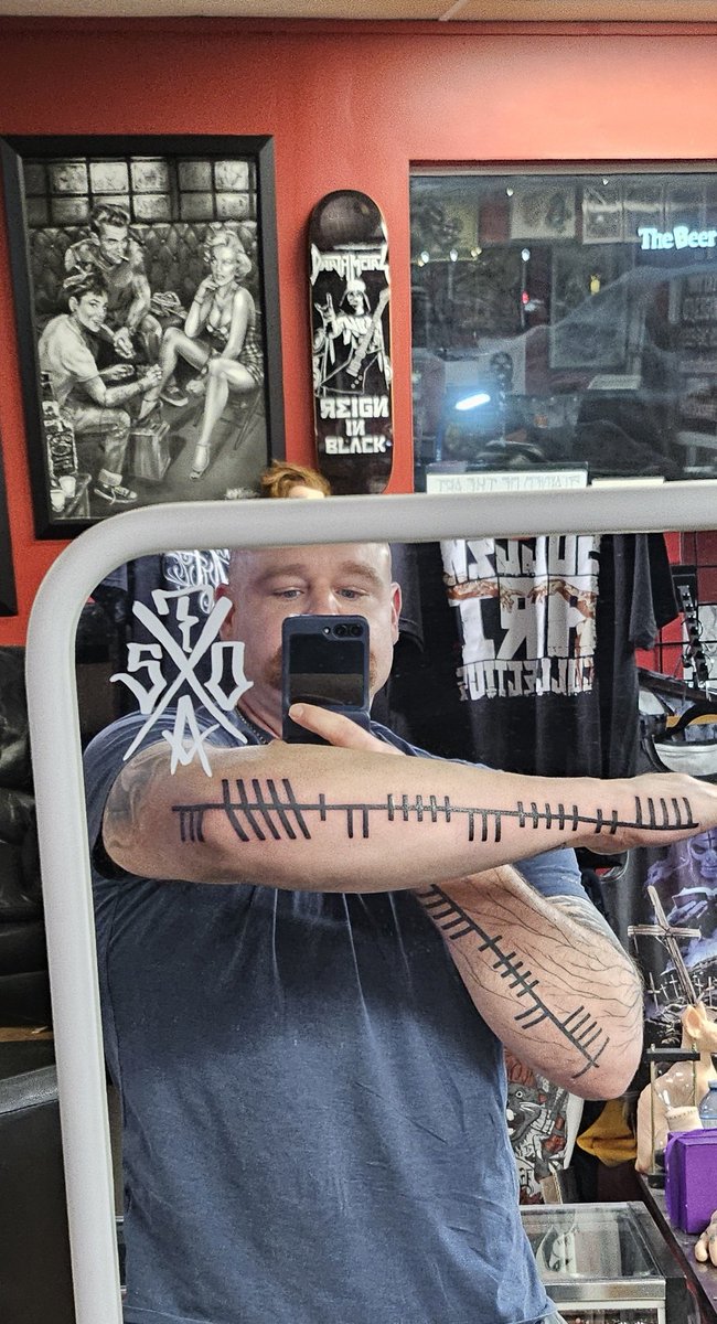 CaleMcLean's tweet photo. Added "Tradition" in celtic ogham script to follow down from the tattoo of my dad to signify following in his footsteps in the fire service. #SleeveProgress #MissTheOldMan https://t.co/2zmLhX7CqW