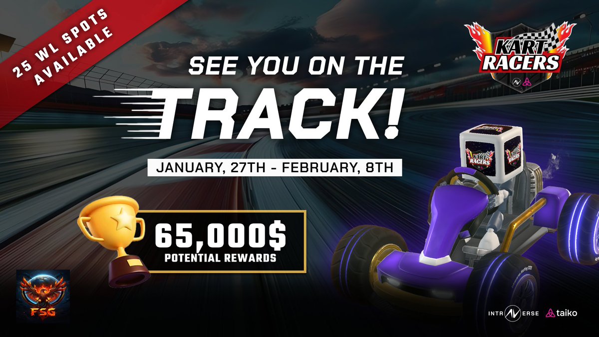 Kreidgh's tweet photo. We're ready to race, aren't you?!

We've been selected to compete in #KartRacers by
@intraVerse_Game and @taikoxyz
🎉25 WL #giveaway for Turbo Pass FREE MINT🎉

- Like &amp; RT 
- Send your EVM
- Follow Me &amp; @vanmaximus911 

Let's show the power of our community! https://t.co/L47PUOjkbG