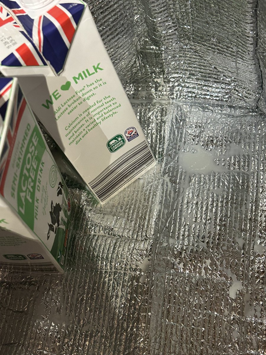 JonHowski's tweet photo. @AldiUK and now both cartons of milk are leaking, thanks for the trip back out in the freezing weather 🤦‍♂️ - that’s 2 for 2 at Aldi Stafford 😡😡😡 https://t.co/NYG5UWJGgJ