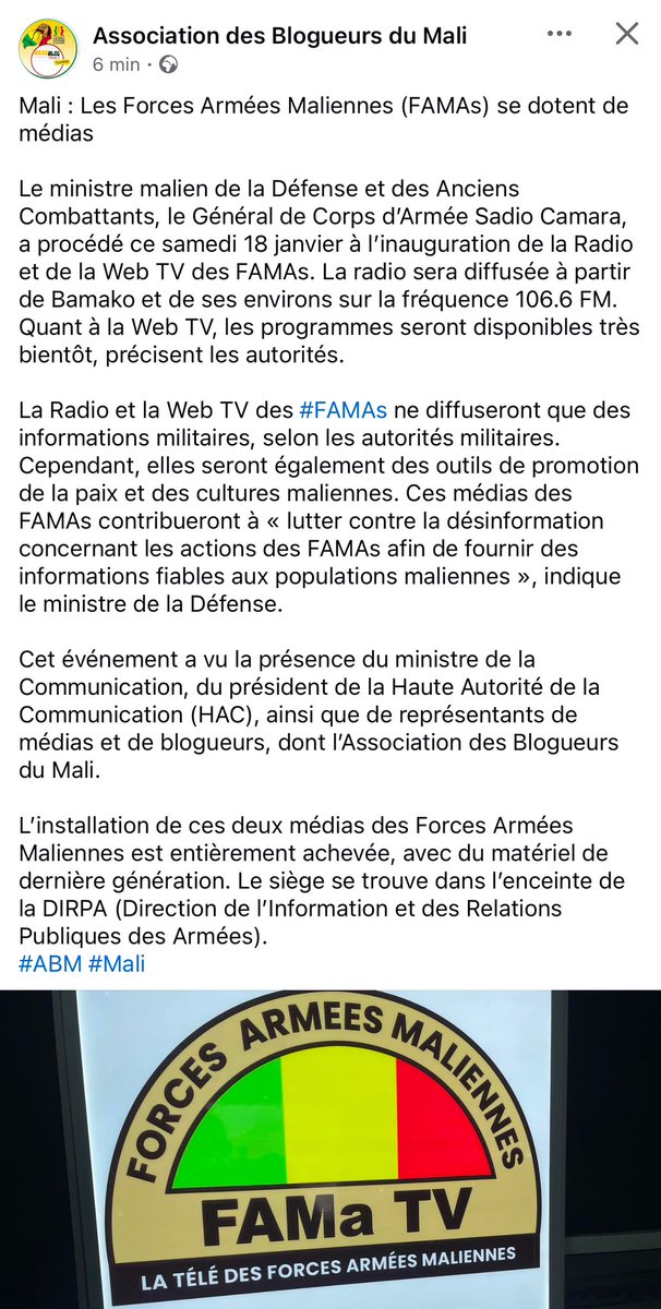AssoBlogMali's tweet image. #Mali : Les Forces Armées Maliennes (FAMAs) se dotent de médias.
#ABM @DirpaFa