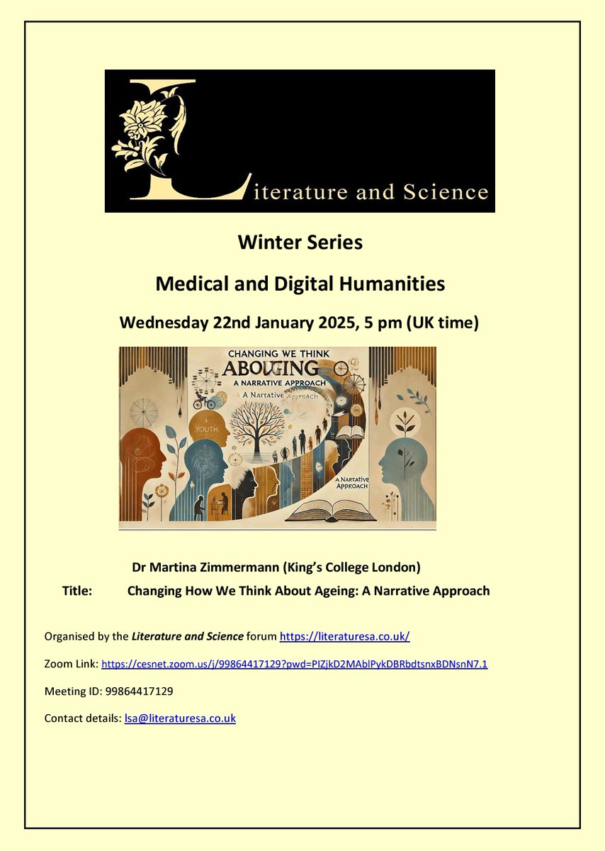 Literature and Science (@_literaturesa) on Twitter photo 📢Join us for Dr Martina Zimmermann's talk on changing how we think about Ageing (22 Jan, 5 pm UK time).
literaturesa.co.uk/events
<a href="/Curtis_Chthonic/">Dr Curtis Runstedler</a> <a href="/_sophiefranklin/">Sophie Franklin</a>
#medicalhumanities #aryaaryan #contemporary #literature #ageing 📢Join us for Dr Martina Zimmermann's talk on changing how we think about Ageing (22 Jan, 5 pm UK time).
literaturesa.co.uk/events
<a href="/Curtis_Chthonic/">Dr Curtis Runstedler</a> <a href="/_sophiefranklin/">Sophie Franklin</a>
#medicalhumanities #aryaaryan #contemporary #literature #ageing
