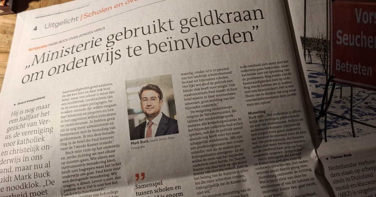 "Het onderwijs is afhankelijk van bevlogen professionals en niet van ambtenaren," aldus <a href="/markbuck/">Mark Buck RSMA</a> van <a href="/VerusNL/">Verus</a> die in interview ook uitlegt dat nota een minister van @vvd "net als socialisten meer grip op het onderwijs" wil. Voor vrijheid zorgelijke ontwikkelingen! Dank <a href="/refdag/">RD.nl</a>