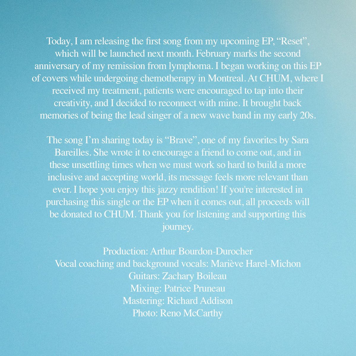 Today, I am releasing the first song from my upcoming EP, “Reset”, which will be launched next 
month. You can stream or purchase it here: ffm.to/id-brave.

<a href="/chumontreal/">CHUM</a> 
<a href="/SaraBareilles/">Sara Bareilles</a> 
#musicrelease
#cancersurvivor