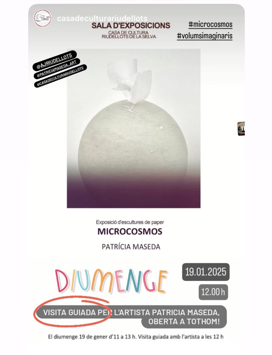 patricia_maseda's tweet image. Ens veiem aquest diumenge, a les 12 h, a la Casa de Cultura de Riudellots de la Selva! 👇🏻
#visitaguiada 
#exposició #microcosmos #volumsimaginaris 
@Riudellots