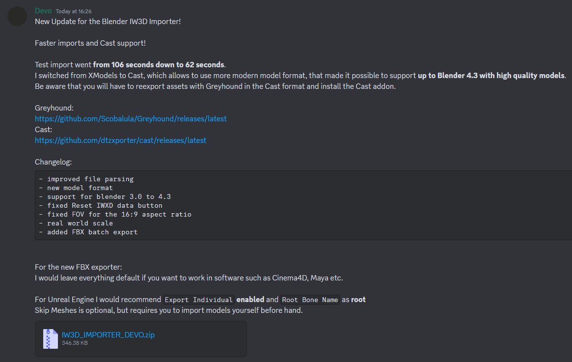 Just released another IW3D update, that I worked on for the past two weeks.

Main features:
- Support for up to Blender 4.3
- Way faster import times
- Cast model format
- FBX batch export