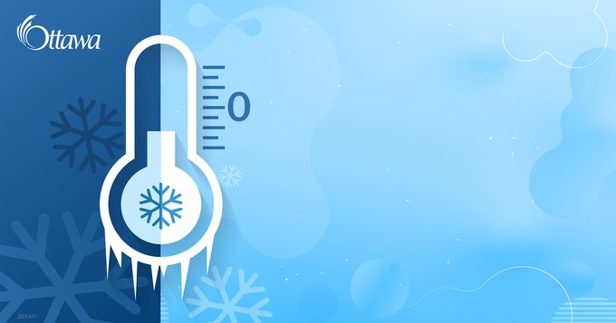 Graphic with a blue background with snowflakes and a pictogram of a frozen thermometer is on the left side.