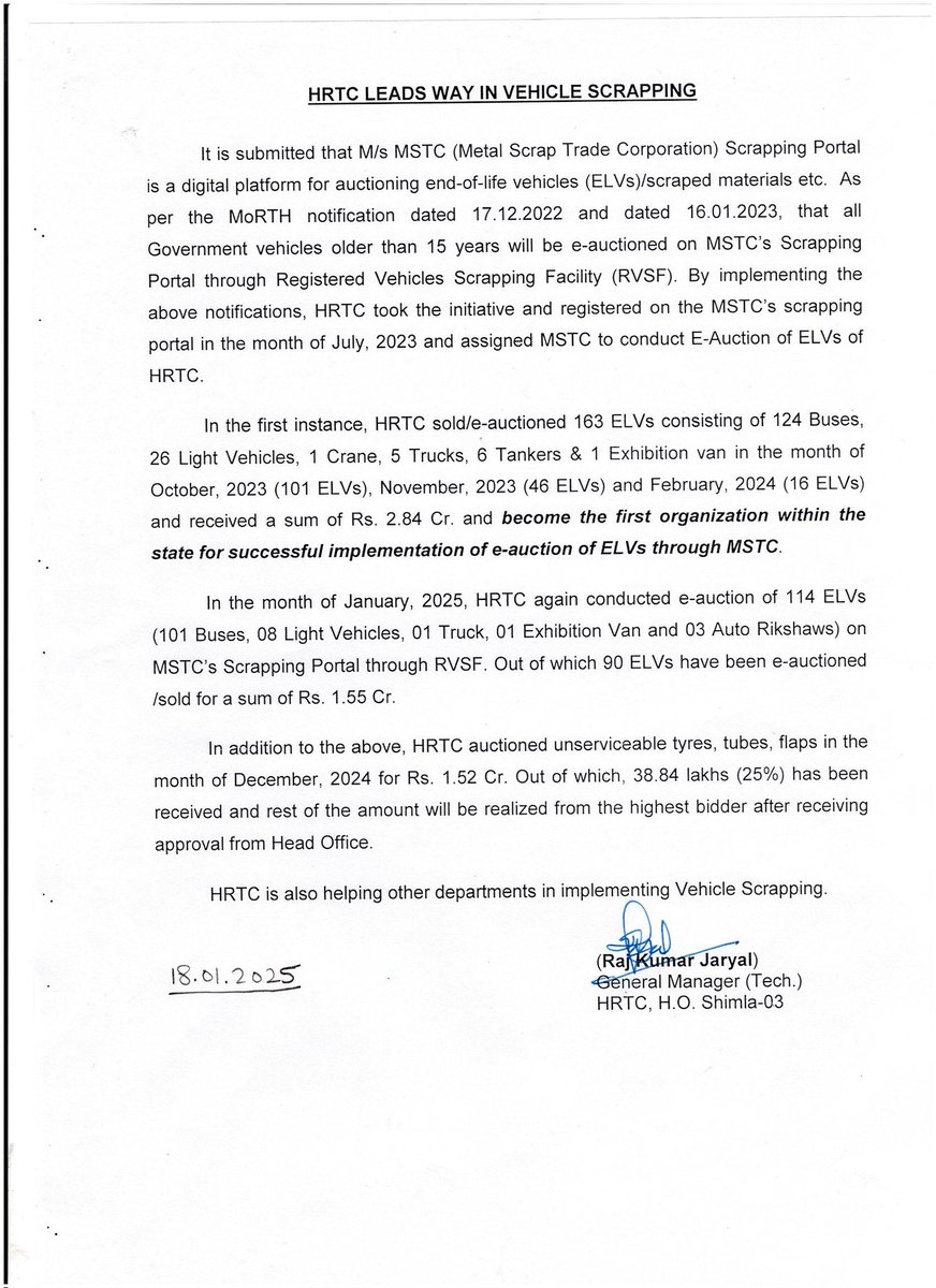 HRTC Leads the Way in Vehicle Scrapping!
As the first organization in the state to implement e-auction of ELVs through MSTC, HRTC has successfully conducted 253 e-auctions, generating ₹4.39 Cr. Now assisting other organizations in adopting sustainable scrapping practices.