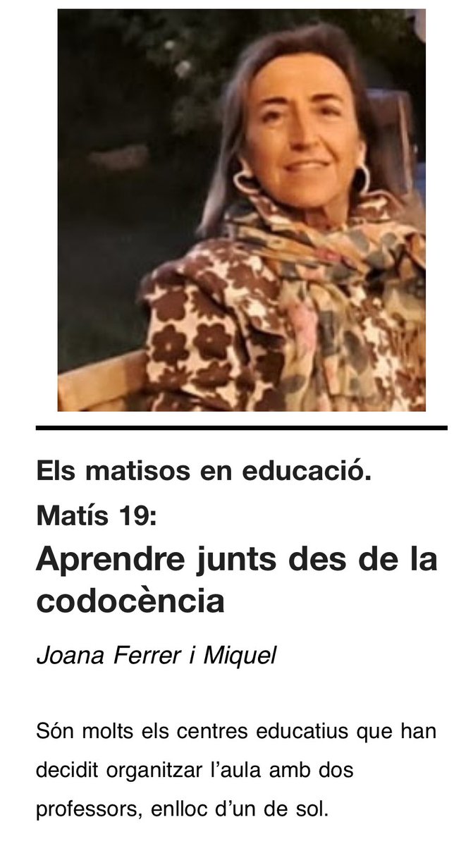 “Un paradigma que demana una coordinació entre els dos referents que va molt més enllà d’un pacte, d’una complementarietat i d’una estricta ajuda d’aula.”

Aprendre junts des de la #codocència edu21.cat/els-matisos-en…  per <a href="/jferrermiquel/">Joana Ferrer Miquel</a> al 120è #ButlletíEdu21