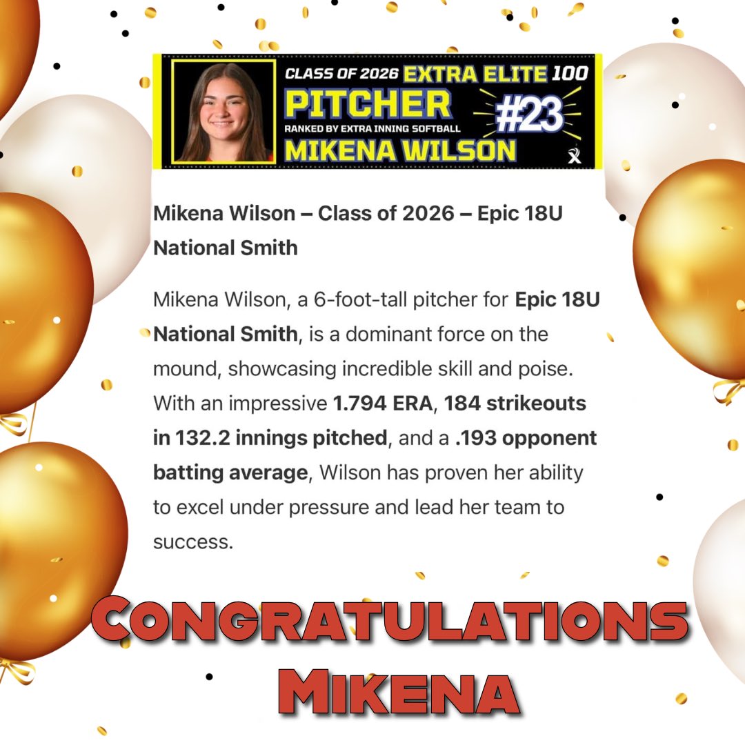 Epic National 18U Smith (@epicnational18) on Twitter photo CONGRATULATIONS TO MIKENA🎈
Our future Golden Hurricane was rank #23 in the Class of 2026 Extra Elite 100 Pitchers! We are so proud of you Kena!!! Keep being EPIC 🖤♥️💛 <a href="/MikenaWilson36/">Mikena Wilson</a>
#BeEpic #EpicAthletics #Des CONGRATULATIONS TO MIKENA🎈
Our future Golden Hurricane was rank #23 in the Class of 2026 Extra Elite 100 Pitchers! We are so proud of you Kena!!! Keep being EPIC 🖤♥️💛 <a href="/MikenaWilson36/">Mikena Wilson</a>
#BeEpic #EpicAthletics #Des