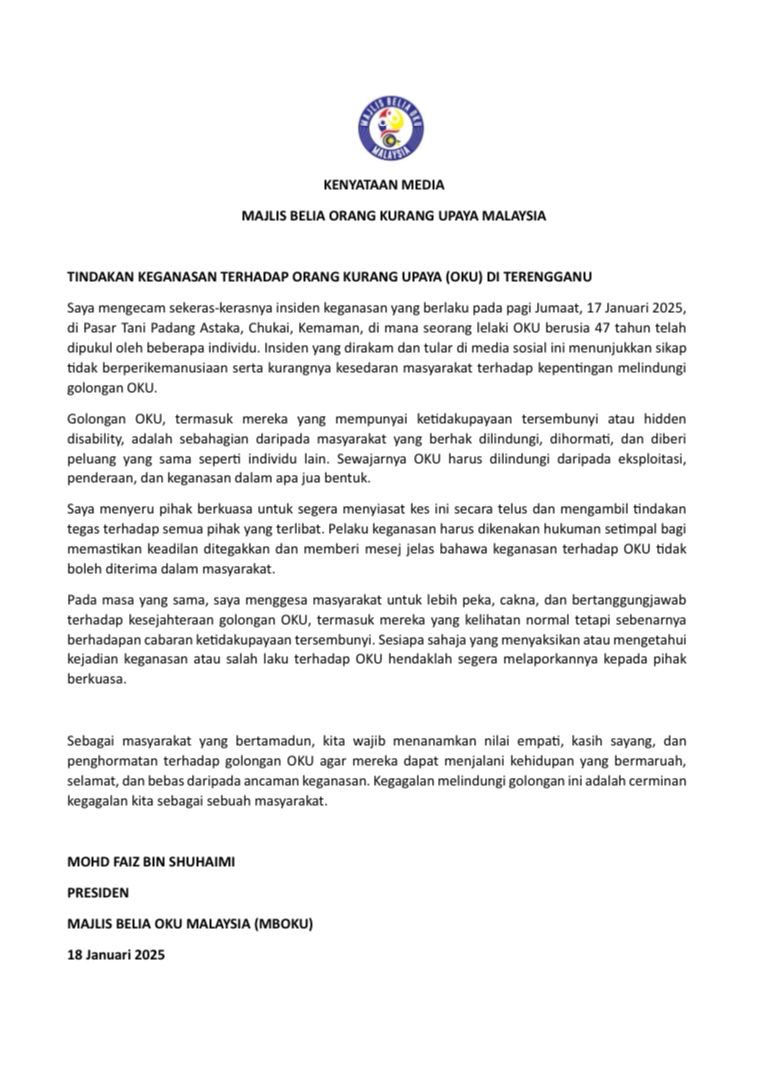 faizshuhaimi's tweet photo. KENYATAAN MEDIA
TINDAKAN KEGANASAN TERHADAP ORANG KURANG UPAYA (OKU) DI TERENGGANU

Saya mengecam sekeras-kerasnya insiden keganasan yang berlaku pada pagi Jumaat, 17 Januari 2025, di Pasar Tani Padang Astaka, Chukai, Kemaman, https://t.co/tOxsgjmUCT