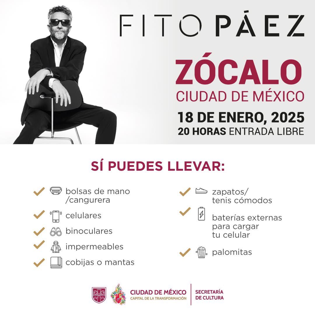 ChaMaRockRadio's tweet photo. #TomaNota Nos vemos hoy en el Zócalo de la CDMX para pasar una noche mágica con @FitoPaezMusica, Juguete Rabioso y @reypila. 🤘🏼😎🎶🔝💯

Por acá te compartimos algunas recomendaciones para que las tomes en cuenta: https://t.co/hhAXi4vof9
