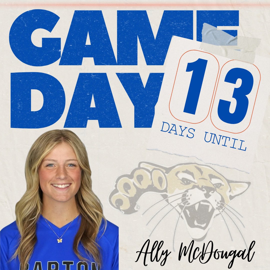 13 Days! 

Get to know our sophomore, ✨#13 Ally McDougal✨

🔵Roadtrip Snack: Mini M&amp;Ms 

🔵Favorite Color: 💜

🔵One Word to Describe our Team: Determined 😈

#RollCougs 🐾