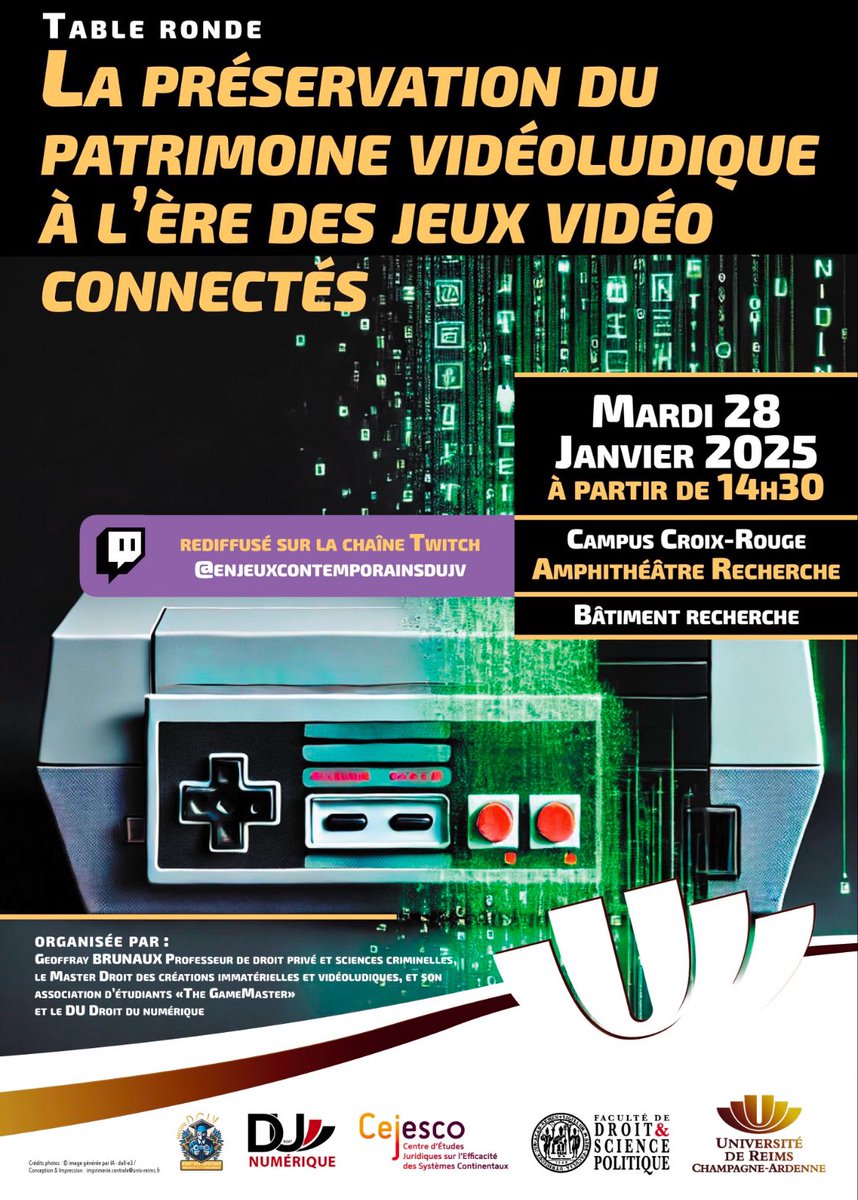 assomo5's tweet image. Notre président @phildubprez est invité par @MasterDCIVReims et @Droit_Numerique à une table ronde sur la préservation du patrimoine vidéoludique le mardi 28/01 à 14h30 à la @FacDSPReims.
N’hésitez pas à suivre cet échange sur la chaîne Twitch suivante➡️twitch.tv/enjeuxcontempo…