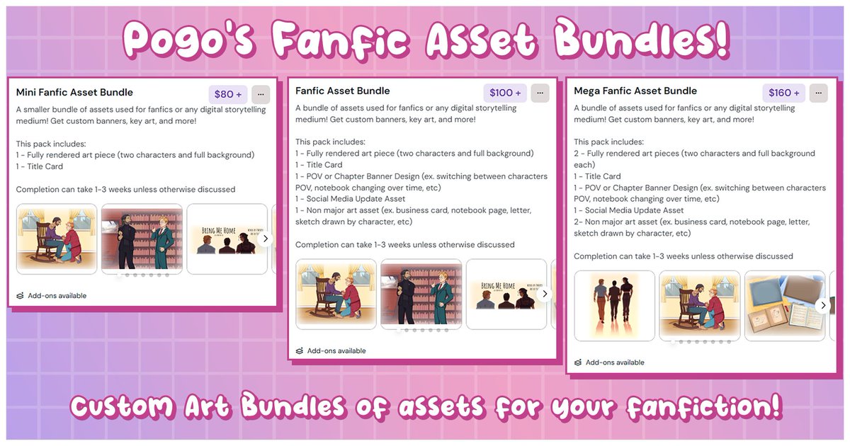 introducing my fanfic asset bundle commissions! :) everything from key art, banners, title cards, you name it!

#ofmd #ofmdfanart #artcommissions #myart #ofmdfic #fanfiction #fanfic

🔗below :D
