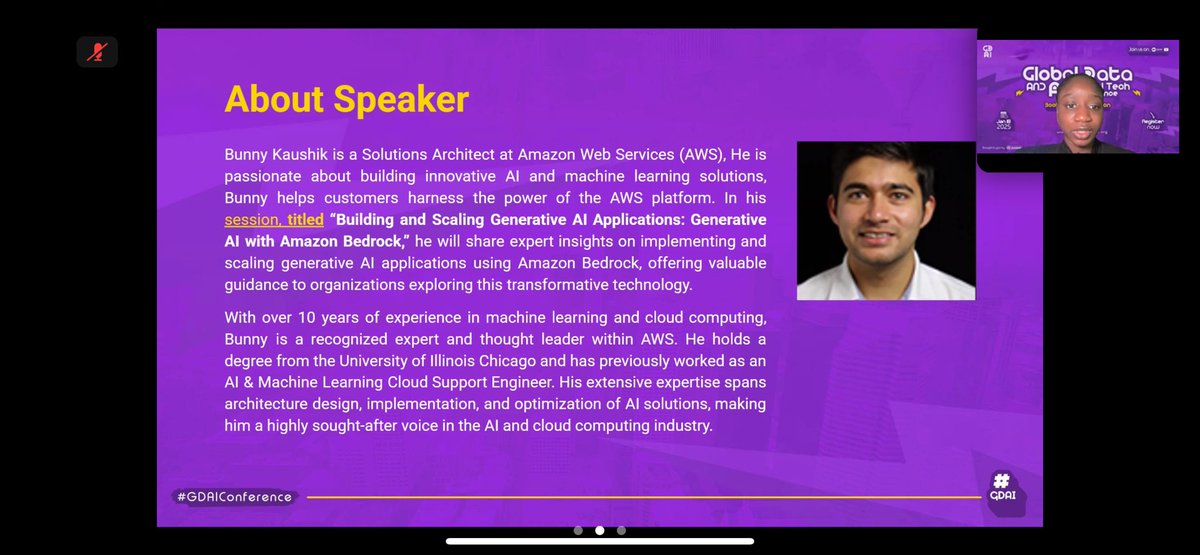 DataGlobalHub's tweet photo. Global Data &amp; AI Virtual Tech Conference

Are you planning to build the next generative AI ,If yes then you’ve got to be here .Bunny Kaushik is sharing fabulous insights on “Building and Scaling Generative Al Applications: Generative Al with Amazon Bedrock” .
#GDAI #Dataglobalhub https://t.co/XwpFqFNRkR
