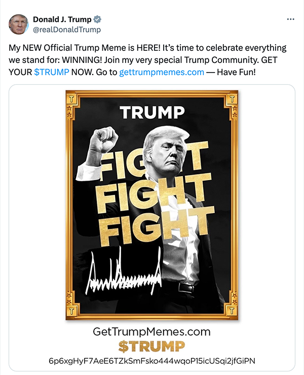 Lizb6eth's tweet photo. There has been some speculation in the crypto community that the Trump announcement may have been caused by a hack, but a source close to Trump's family confirmed to Cointelegraph that the project is legitimate and related to his non-homogenous token (NFT) business. https://t.co/pItXddHEj1