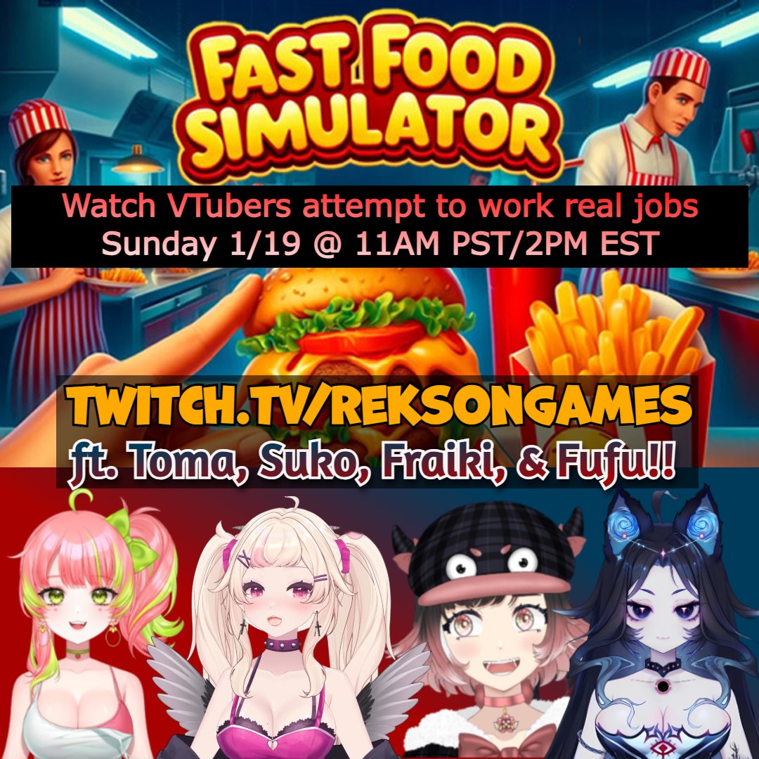 Rekson (@reksongames) on Twitter photo 🍔Big bonus collab! Living out our nightmares flipping overdone burgers, serving soggy fries, and having panic attacks whenever we have to speak to other humans in Fast Food Simulator w/ @fraiki, <a href="/FufuVT/">Fufu 📦 Black Hole【cat】</a>, <a href="/sliceoftoma/">toma 🍅 vtuber</a>, and new friend <a href="/sukotheangel/">suko 👼🏻💗</a> SUNDAY! 🍔Big bonus collab! Living out our nightmares flipping overdone burgers, serving soggy fries, and having panic attacks whenever we have to speak to other humans in Fast Food Simulator w/ @fraiki, <a href="/FufuVT/">Fufu 📦 Black Hole【cat】</a>, <a href="/sliceoftoma/">toma 🍅 vtuber</a>, and new friend <a href="/sukotheangel/">suko 👼🏻💗</a> SUNDAY!