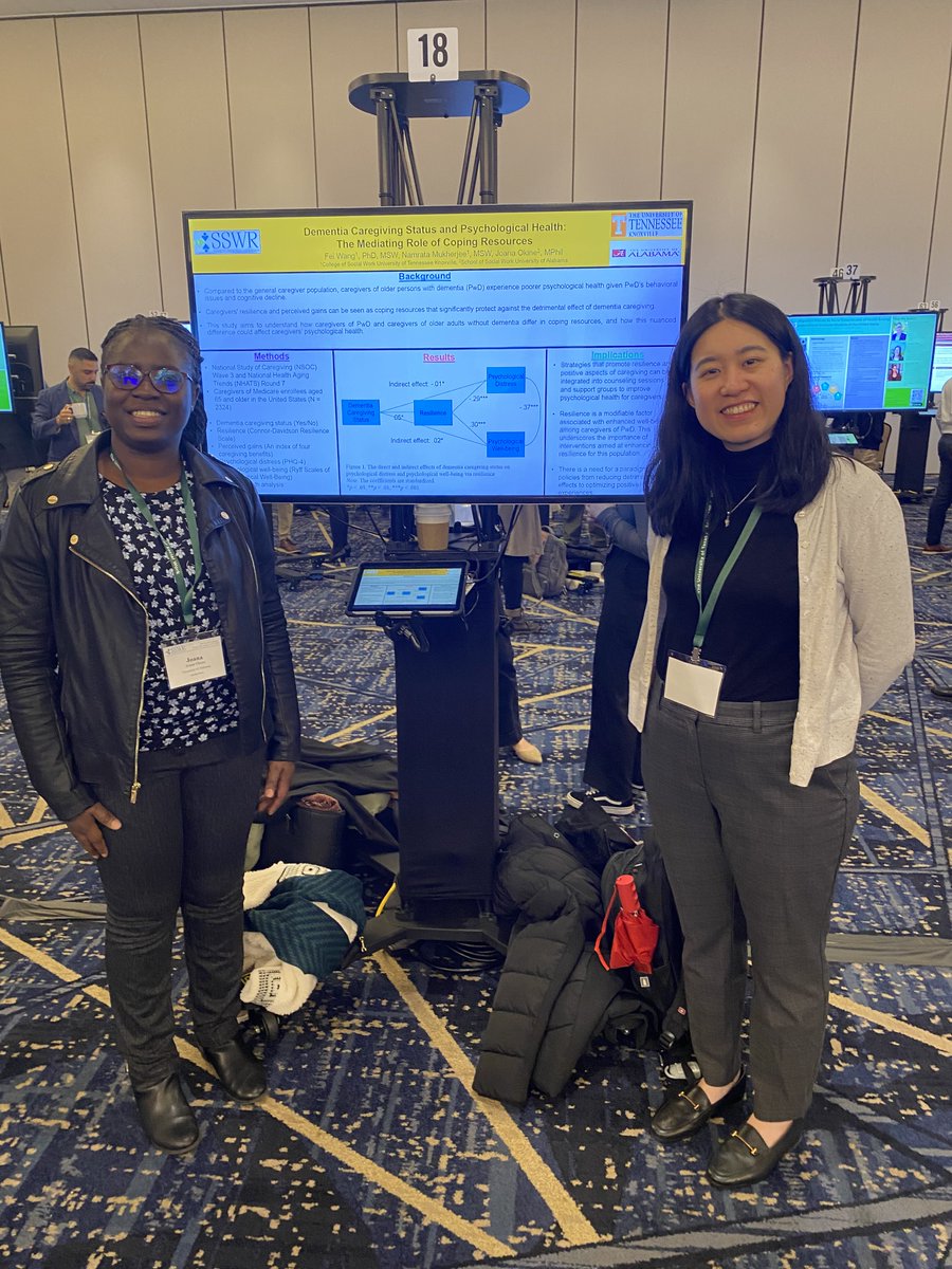 Our research identified the nuances in coping resources among dementia caregivers and their impacts on caregivers' psychological well-being. Collaborators include Joana Okine (left) at University of Alabama, and our PhD candidate Namrata Mukherjee <a href="/utkcsw/">University of Tennessee College of Social Work</a> <a href="/SSWRorg/">SSWR</a>