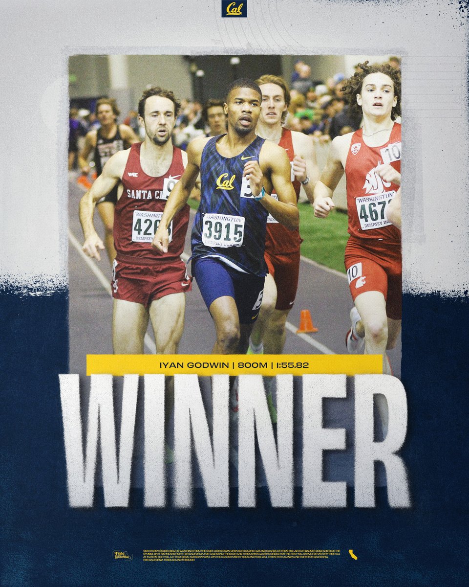 800m - Men |

Two top-three performances for the Bears, including a WIN from Iyan Godwin!

1. Iyan Godwin 1:55.82 (PR)
3. Lamarr Kirk Jr. 1:56.63 (PR)

#GoBears🐻