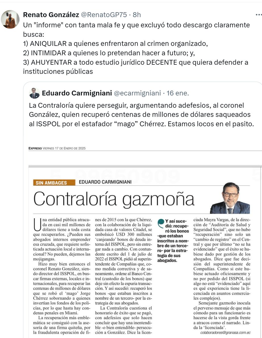 Toma por recuperar la plata. El ex director del <a href="/ISSPOL/">ISSPOL Ecuador</a>, Renato González, <a href="/RenatoGP75/">Renato González</a>, se queja de persecución del Contralor Mauricio Torres, porque emitió glosa en su contra por haber pagado a los abogados que recuperaron fondos del atraco financiero que sufrió. Torres dijo que