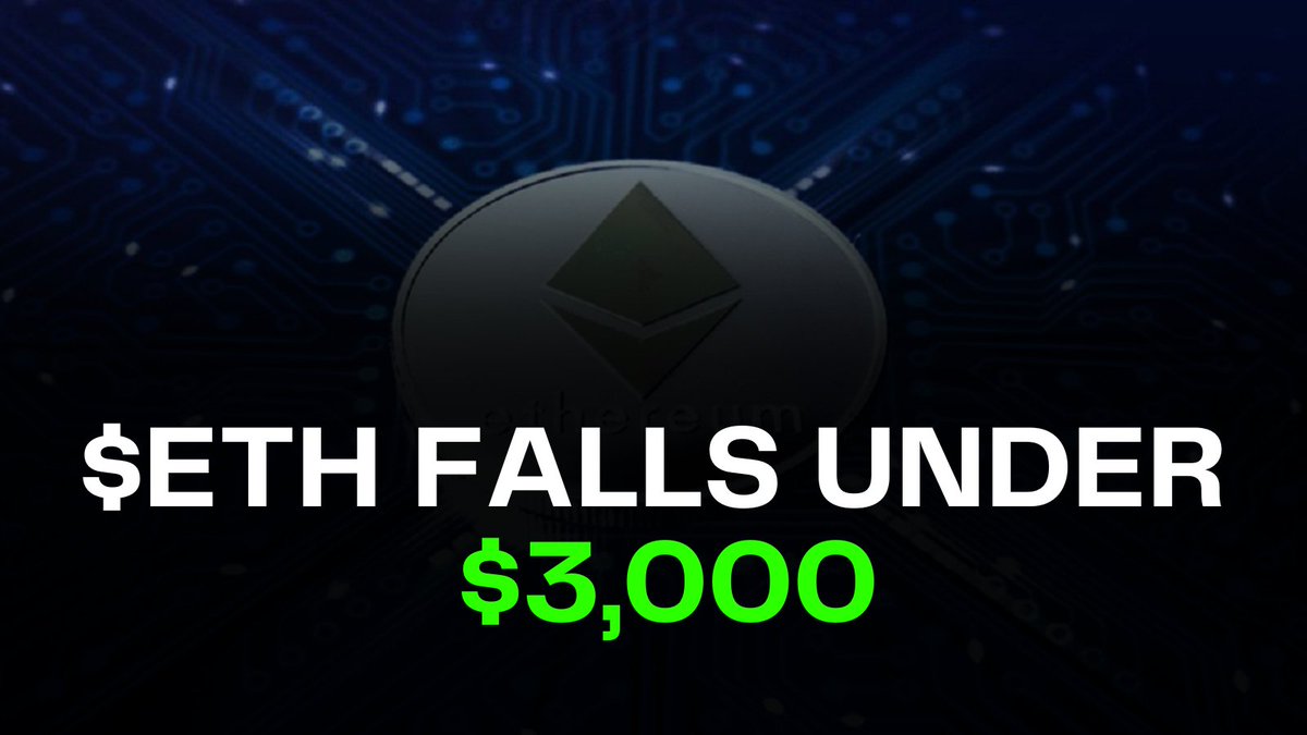 Javierxbt's tweet photo. $ETH falls under $3,000
#Ethereum #CryptoCrash #ETHPrice #CryptoMarket #EthereumNews #Blockchain #CryptoUpdate #ETHPriceDrop #CryptoTrading #DeFi https://t.co/ulFeiiPuIA