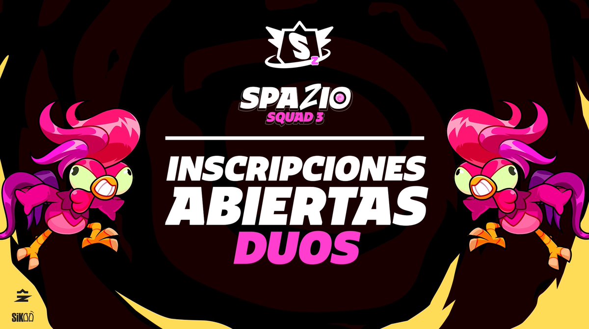 Inscripciones Abiertas 👽

¡Abrimos inscripciones para la 3era Edición de la SpazioSquad en formato DÚO!

🟣 Pasos para participar:

1.Dale Like y RT a este post.
2.Sigue a nuestro CEO en Twitch: twitch.tv/sikoodg 👻
3.Menciona a tu compañero de equipo.

⏳ Tienes hasta