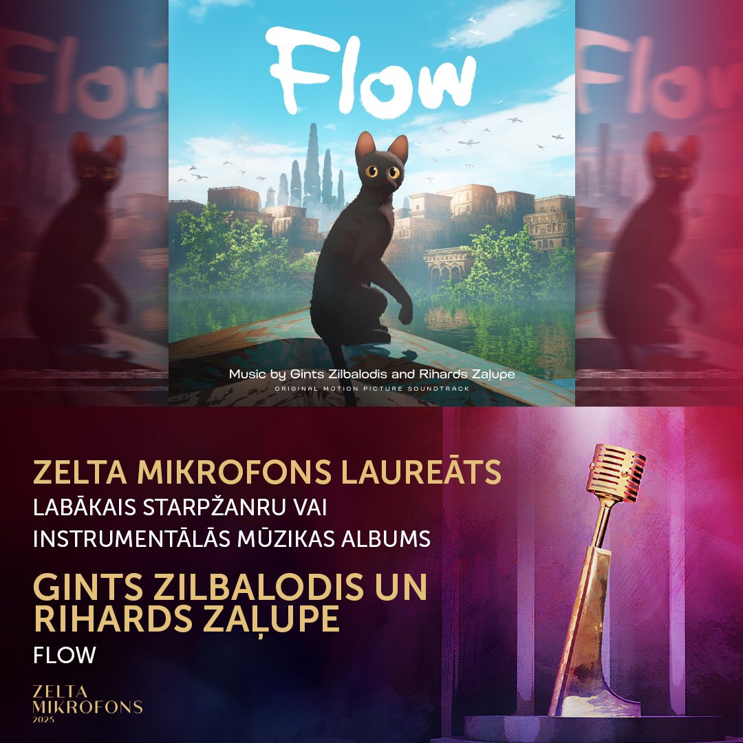 Kategorijā “Labākais starpžanru vai instrumentālās mūzikas albums” Zelta mikrofonu iegūst Gints Zilbalodis un Rihards Zaļupe ar albumu “Flow”! 🎙️