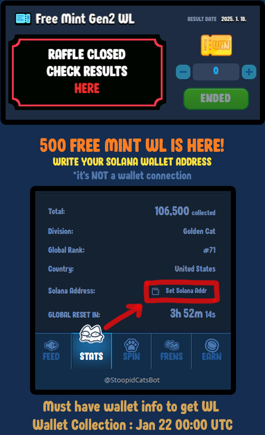 🎉 500 Winners for Gen2 Have Been Selected! 🎉

Check out the winner list on Telegram!

🙀Missed it? 
Magic might happen to 25 Stoopid Cats. 
Just Interact + Drop your $SOL wallet!
(psssst. make sure it's same wallet in the game)

💎Telegram Announcement
t.me/stoopidcats