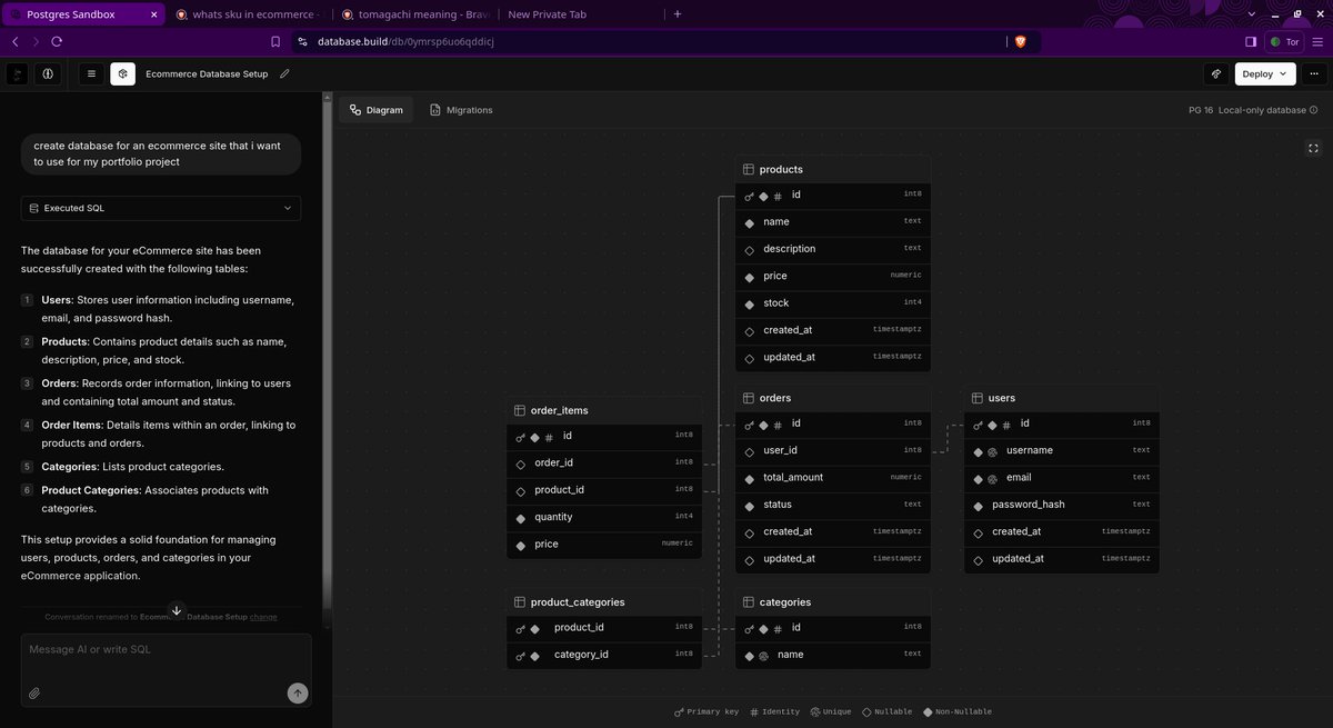 LawsonRedeye's tweet image. 🚀 Day 76 of #100DaysOfGolang
Focused on planning, researching, and building for my final project!
1️⃣ AI for DB Schema Design
Tried out the postgres.new AI to generate PostgreSQL DB schemas — super easy with smart prompting. played around with eraser.io