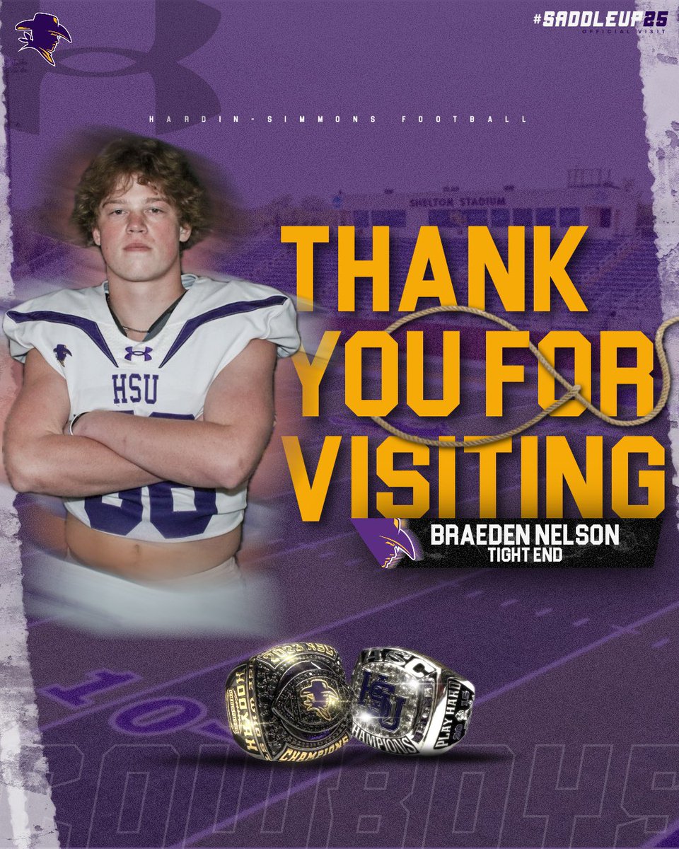 Braeden Nelson (@braeden_nelson5) on Twitter photo Huge thanks to <a href="/HSUCowboys/">Hardin-Simmons Cowboy Football</a> for having me on my Official Visit yesterday.
Great getting to know coaches <a href="/BurlesonHSU/">Burleson</a> <a href="/MattMitchellHSU/">Matt Mitchell</a> & <a href="/Whitehead_HSU/">Jeff Whitehead</a> Huge thanks to <a href="/HSUCowboys/">Hardin-Simmons Cowboy Football</a> for having me on my Official Visit yesterday.
Great getting to know coaches <a href="/BurlesonHSU/">Burleson</a> <a href="/MattMitchellHSU/">Matt Mitchell</a> & <a href="/Whitehead_HSU/">Jeff Whitehead</a>