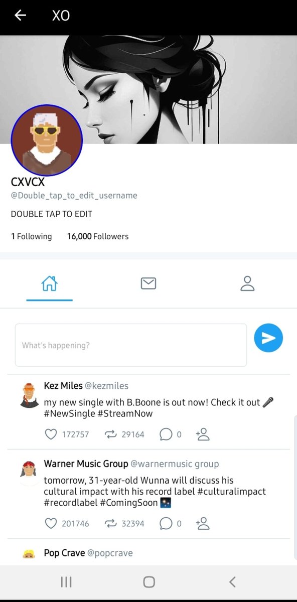 EssentialPopsta's tweet image. Here is an in depth look of "X" or game titled (Xo).
I wanted to make the game immersive by having accounts you can follow and see on the feed of your Xo account. Double tap to edit your bio, and Double tap to edit your username! Love y'all!❤️