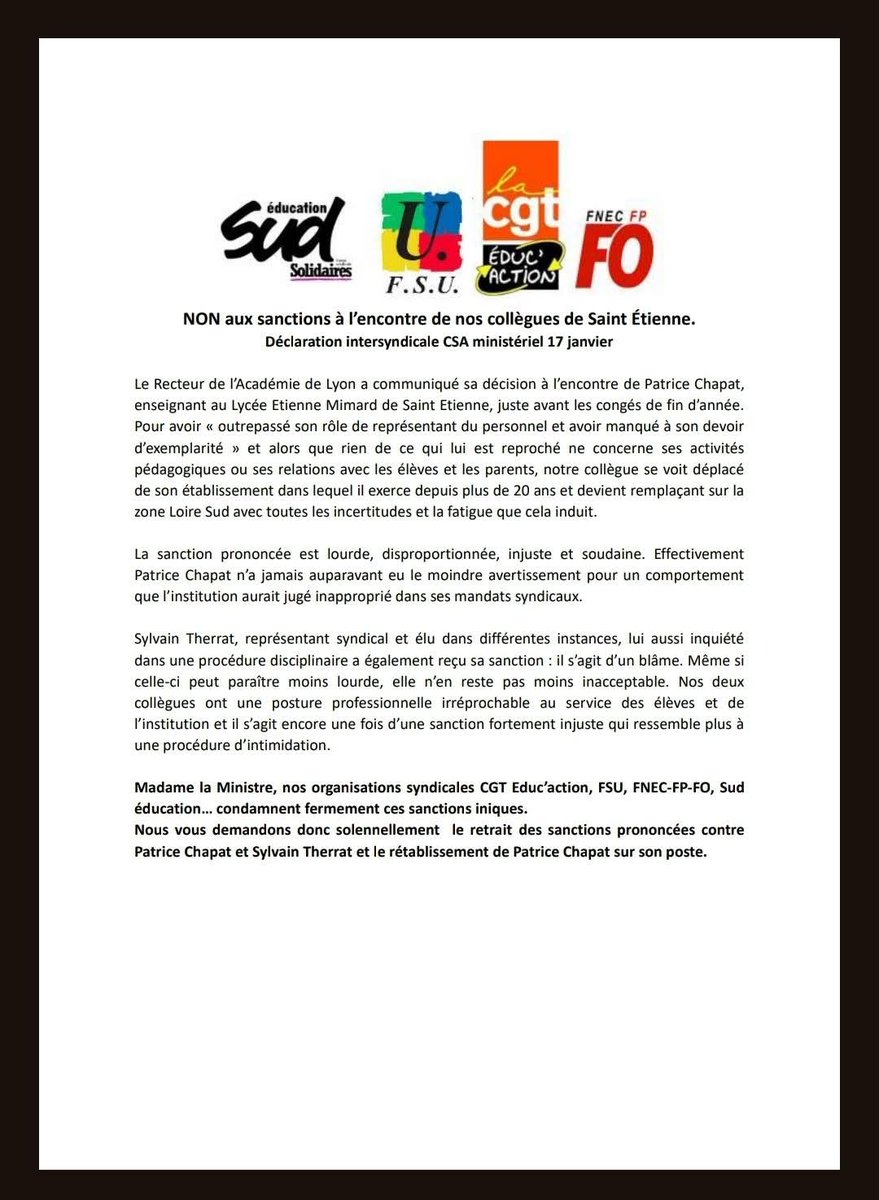Intervention en intersyndicale pour nos collègues de Saint Étienne victime d'une insupportable répression pour leur activité syndicale!