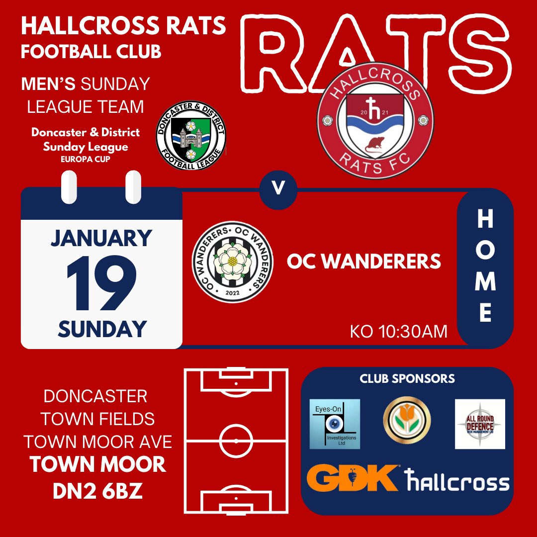 Hallcrossratsfc's tweet photo. 🏆Doncaster &amp; District Sunday League EUROPA CUP
🆚OC Wanderers
🗓️Sunday 19th January
🕚10:30am KO
🏟️Doncaster Town Fields, Town Moor Ave, DN2 6BZ

This Sunday is the 1st Round of the Europa Cup. Against OC Wanderers a long standing rival, this game will be a very tasty fixture. https://t.co/ynEmRqBAKj
