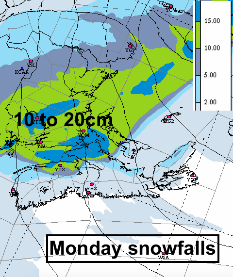 YHZweatherguy's tweet photo. Some consistency now in the Monday snowfall outlooks... the heavier snow threatening all but NW NB, as well Queens &amp; Prince PEI, and a swath across northern parts of NS.
Update in the morning... https://t.co/bS6dvbZV8S