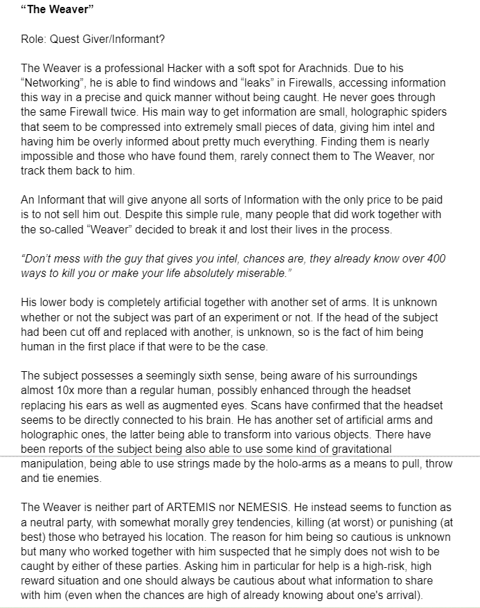 ProfShiro's tweet image. "The Weaver" 🕸️🕷️
Updated/Adjusted his lore!
tldr; have a morally grey Informant/Quest Giver Hackerman who likes Spiders :D

#Nixona